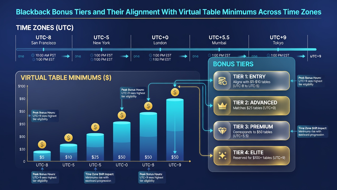 Chart illustrating time zone impacts on blackjack bonus tier resets and virtual table minimum adjustments