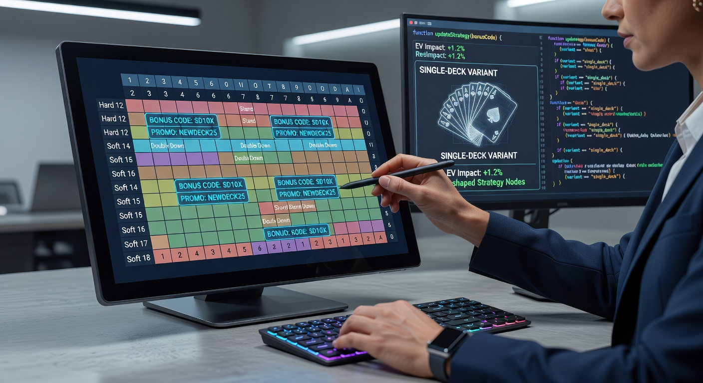 Side-by-side comparison of standard and bonus-adjusted single-deck blackjack strategy charts displayed on a digital platform dashboard