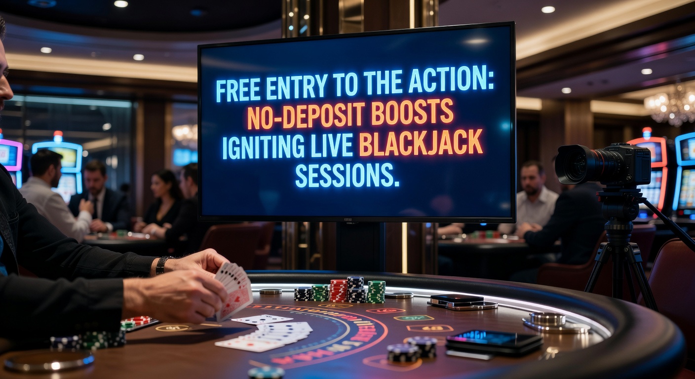 Vibrant live blackjack dealer at a digital table, highlighting no-deposit bonus credits lighting up the screen for immediate play