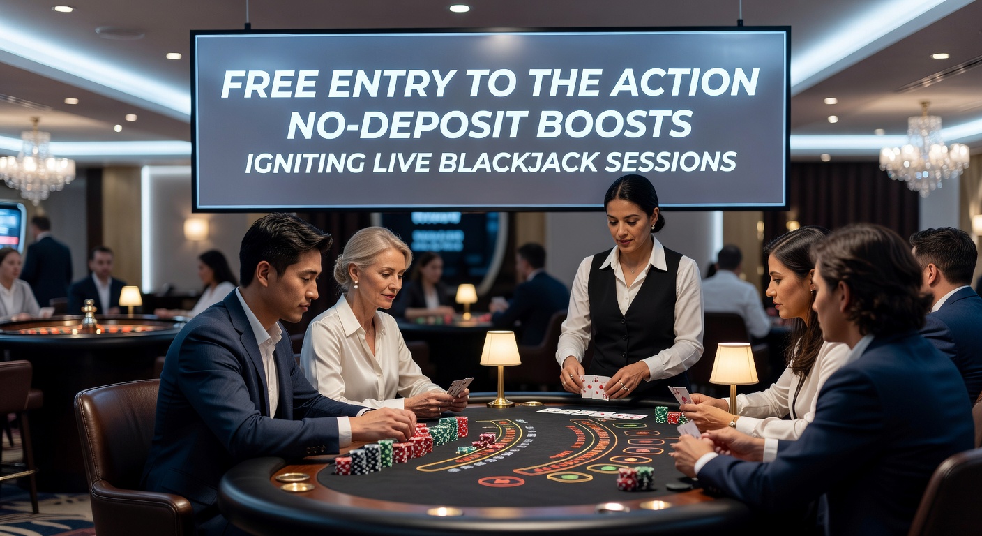 Player's screen showing active no-deposit bonus in a heated live blackjack round, with dealer dealing cards and chips stacking up