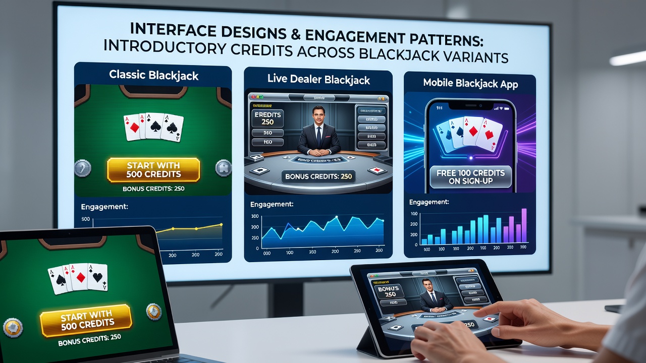 Close-up view of a digital blackjack table interface highlighting credit meter animations and variant switch controls during an active introductory bonus period
