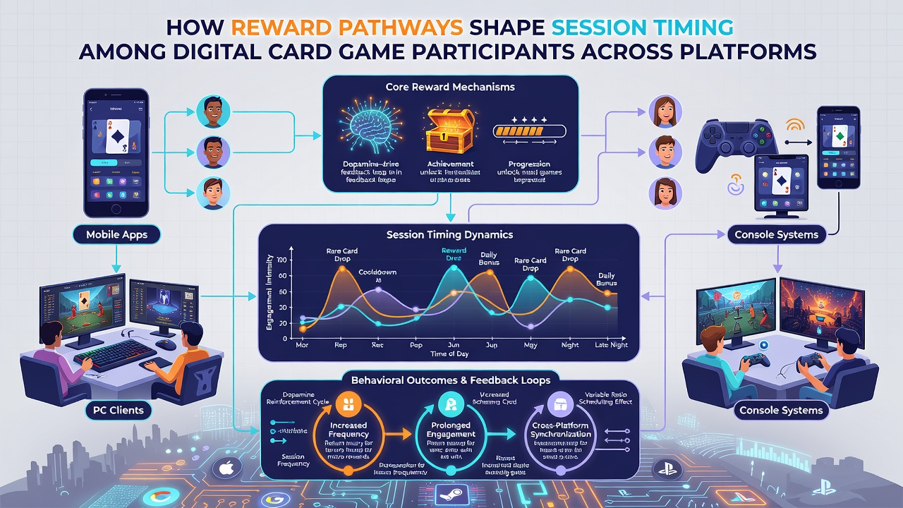 Analytics dashboard displaying session timing data and reward pathway metrics for digital card game users