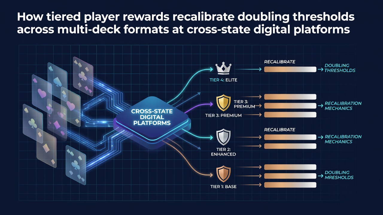 Tiered rewards interface showing adjusted doubling thresholds in multi-deck blackjack at cross-state digital platforms