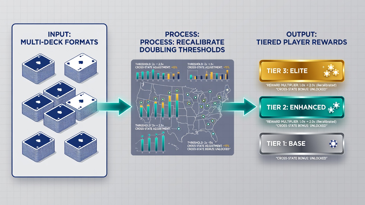 Data visualization of doubling threshold changes by reward tier in multi-deck online blackjack