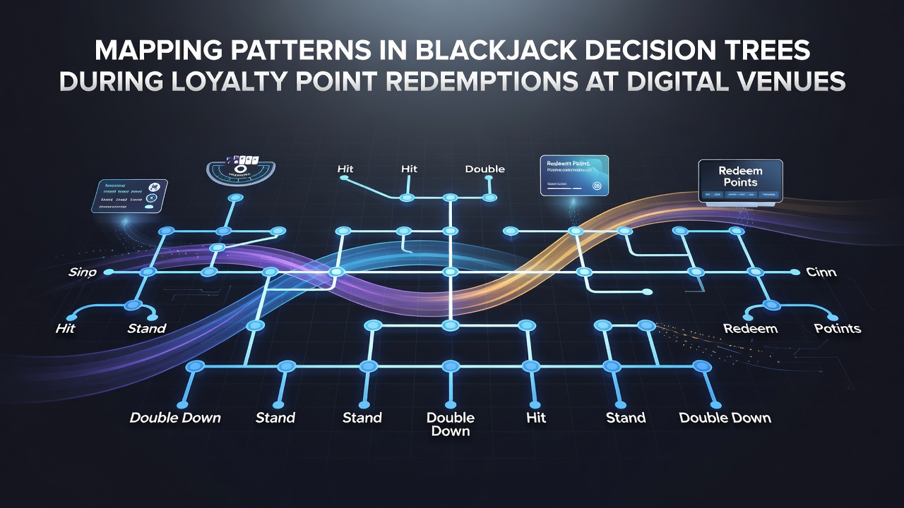 Digital blackjack interface displaying decision tree overlays during loyalty point redemptions at online venues