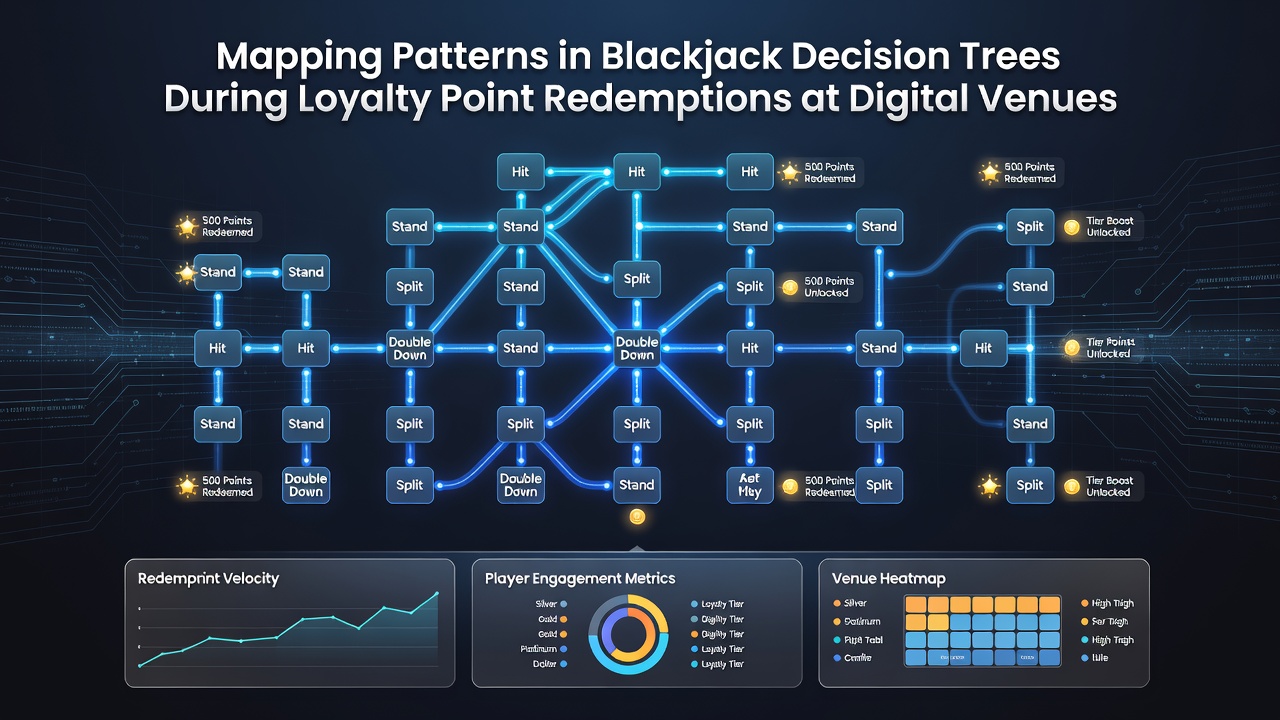 Analytics dashboard visualizing mapped decision tree branches during loyalty redemptions in blackjack sessions