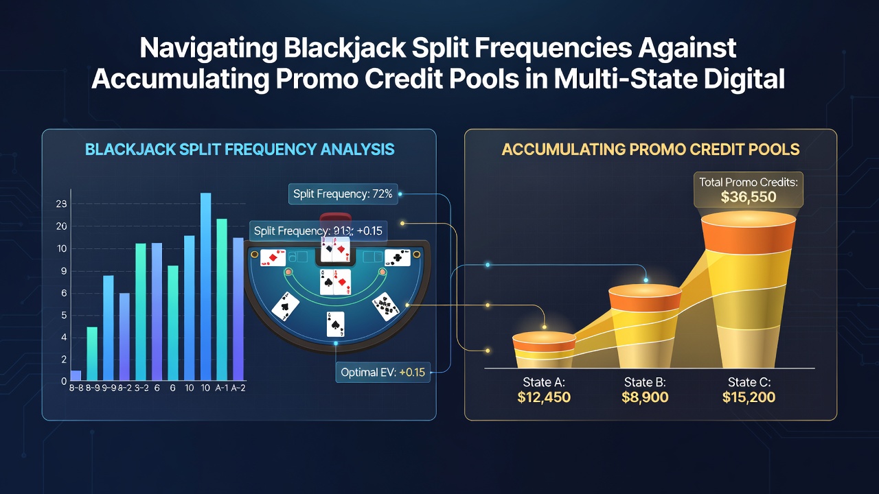 Multi-state digital venue dashboard displaying split frequency analytics next to promo credit pool trackers for blackjack sessions