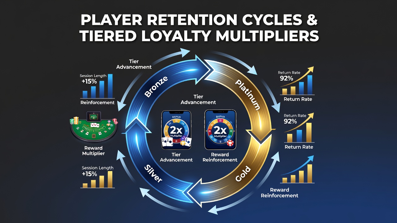 Mobile blackjack interface showing tiered loyalty multipliers and reward progression indicators