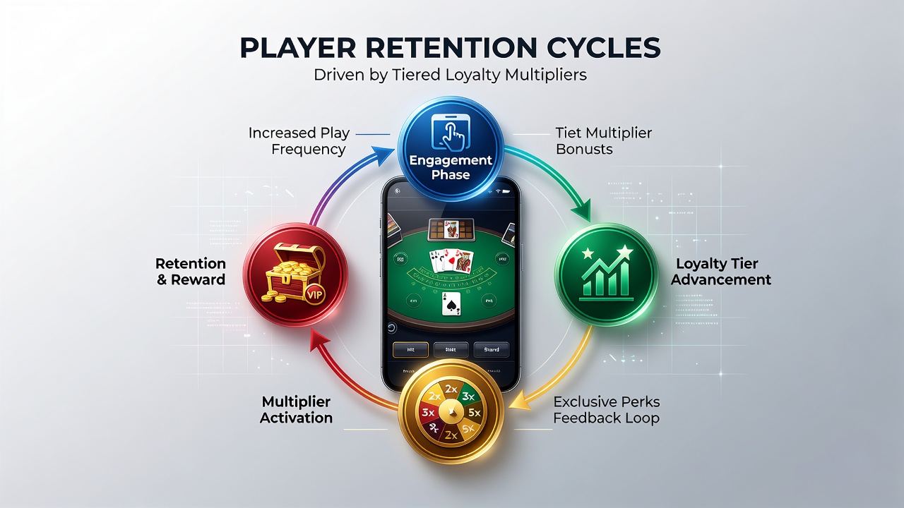 Analytics dashboard displaying player retention metrics tied to loyalty tier progression in blackjack apps