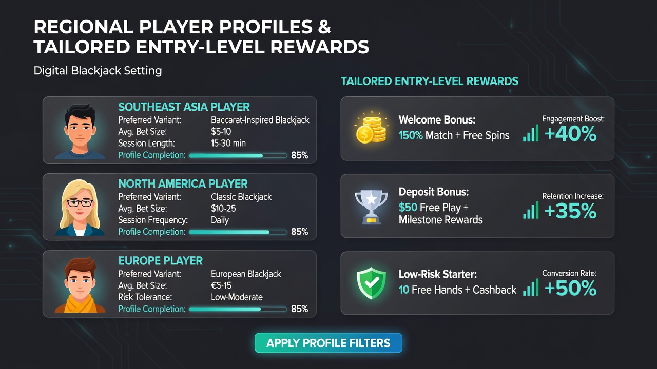 Analytics dashboard illustrating how regional data points adjust initial blackjack bonus parameters at online platforms