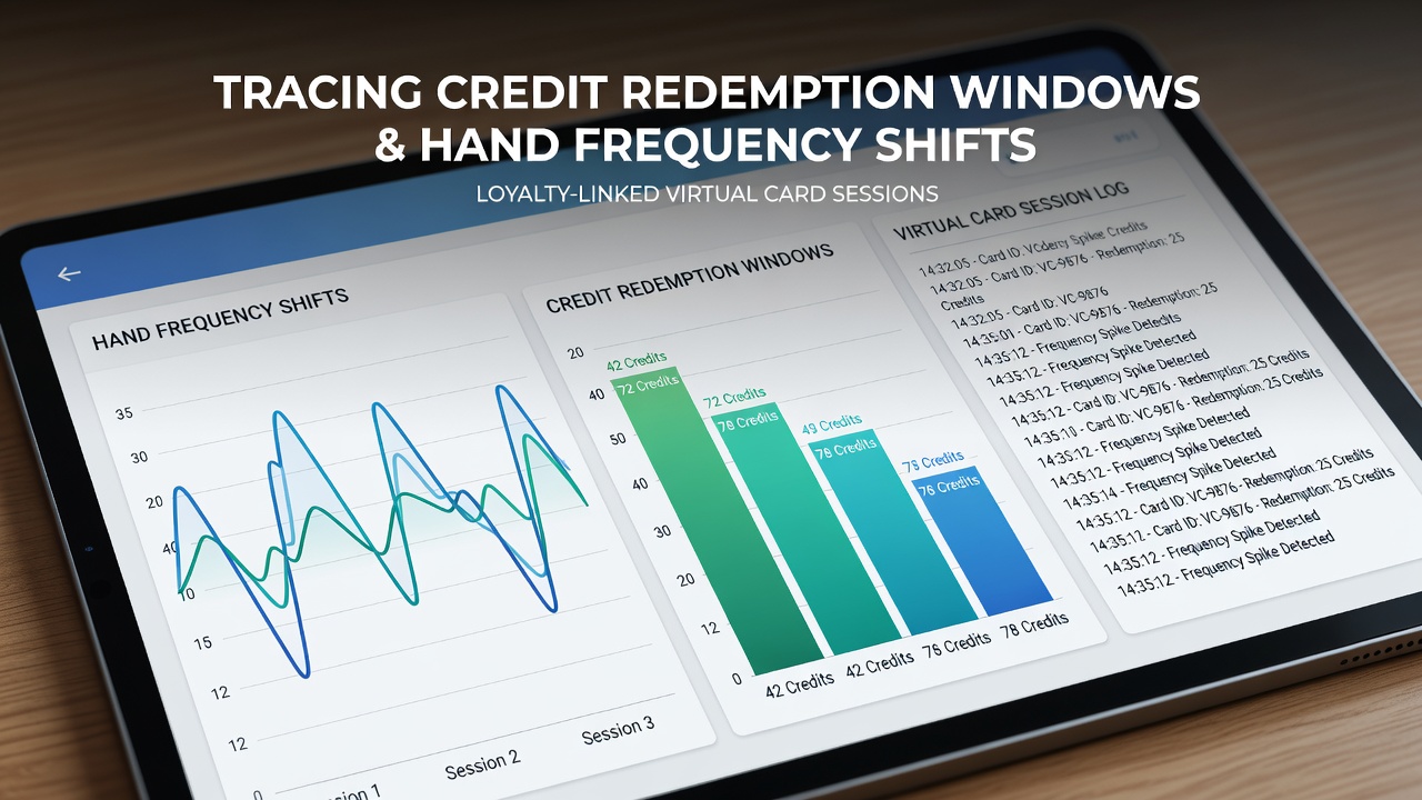 Analytics dashboard comparing hand frequency trends before and after loyalty credit redemptions in virtual card sessions