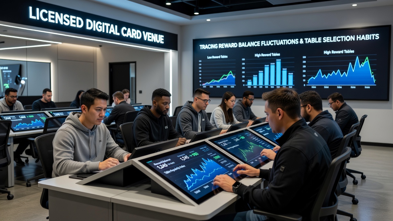 Digital card game interface showing reward balance tracking and table options at licensed online venues