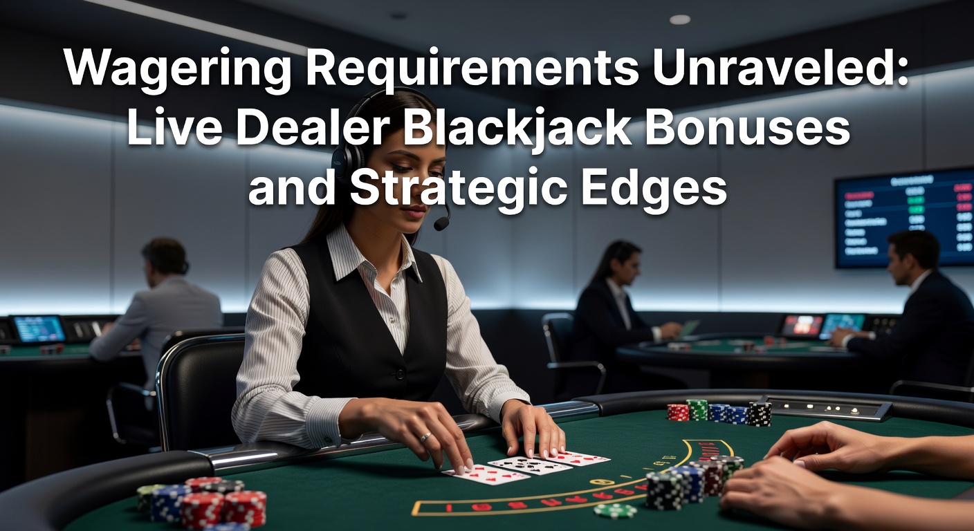 Digital illustration of a blackjack table with glowing wagering requirement icons and live dealer cards in play, symbolizing bonus strategies